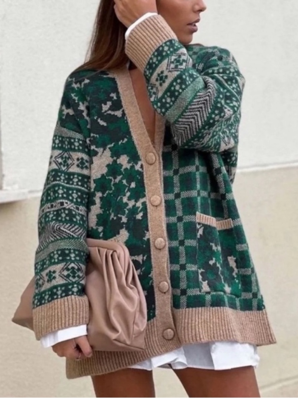 NWT ZARA Courtyard Knit Oversized Cardigan in Tan & Green - Size S